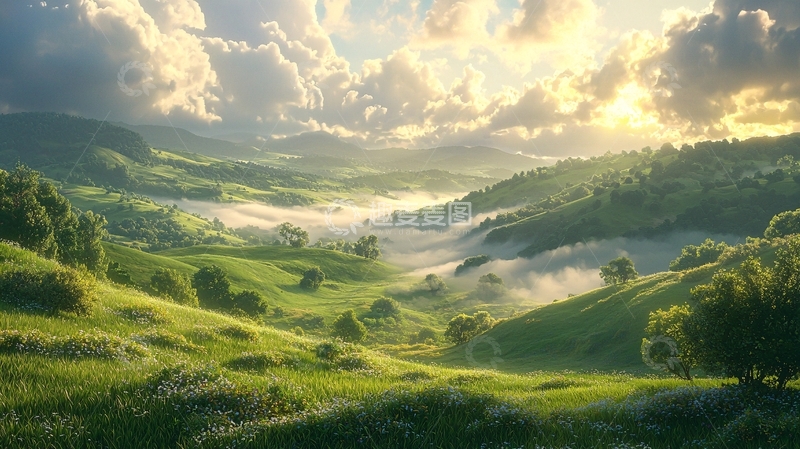 高清大图下载【趣麦麦图】阳光洒在山谷的绿色草地上