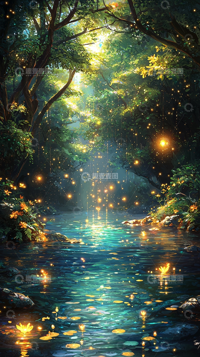 高清大图下载【趣麦麦图】奇幻森林夜景小溪