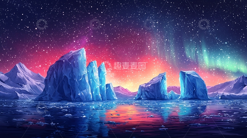 高清大图下载【趣麦麦图】极光下的冰山