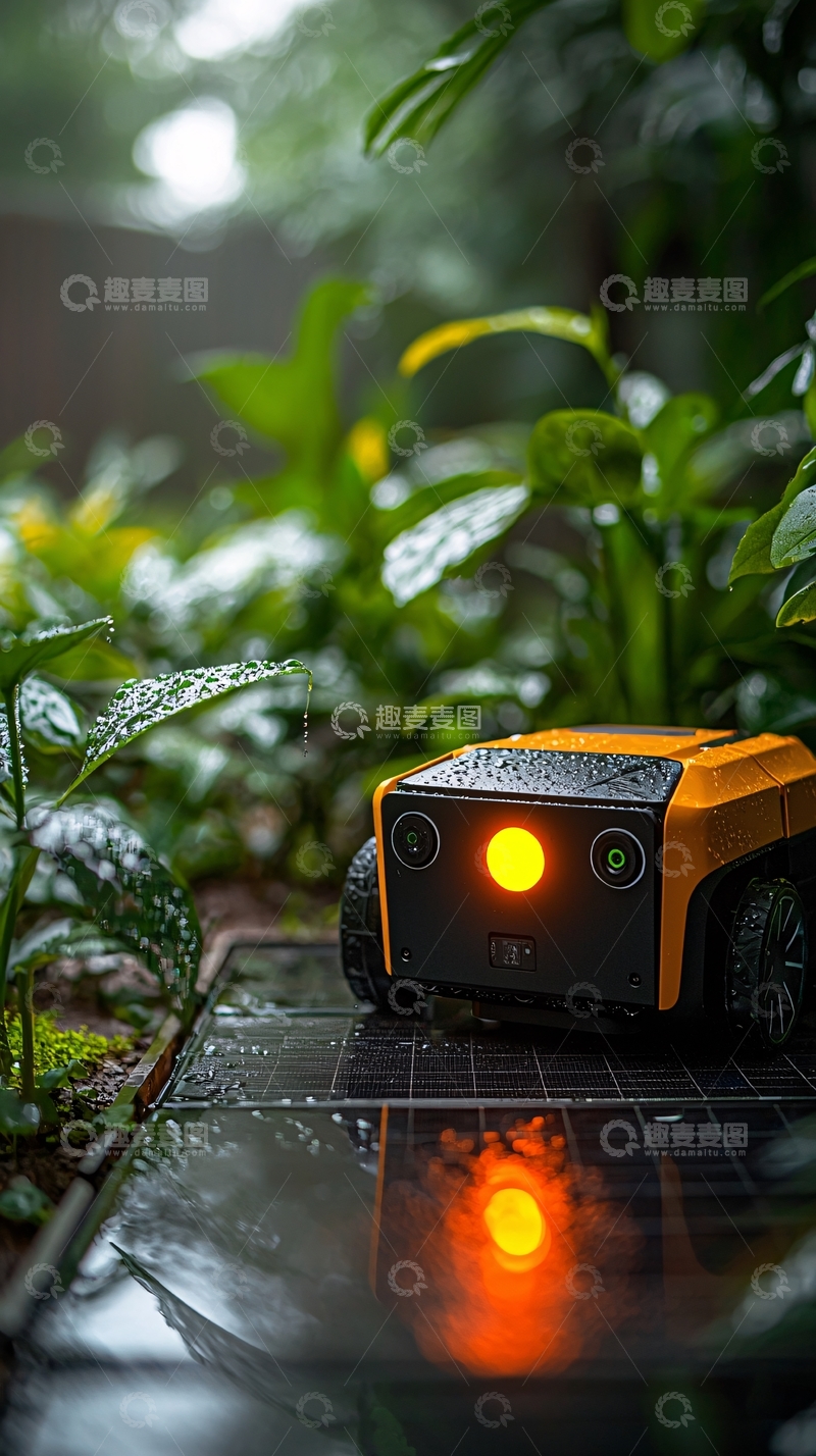 高清大图下载【趣麦麦图】雨后花园里的黄色机器人