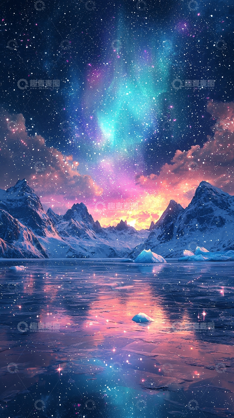 高清大图下载【趣麦麦图】极光下的雪山湖泊