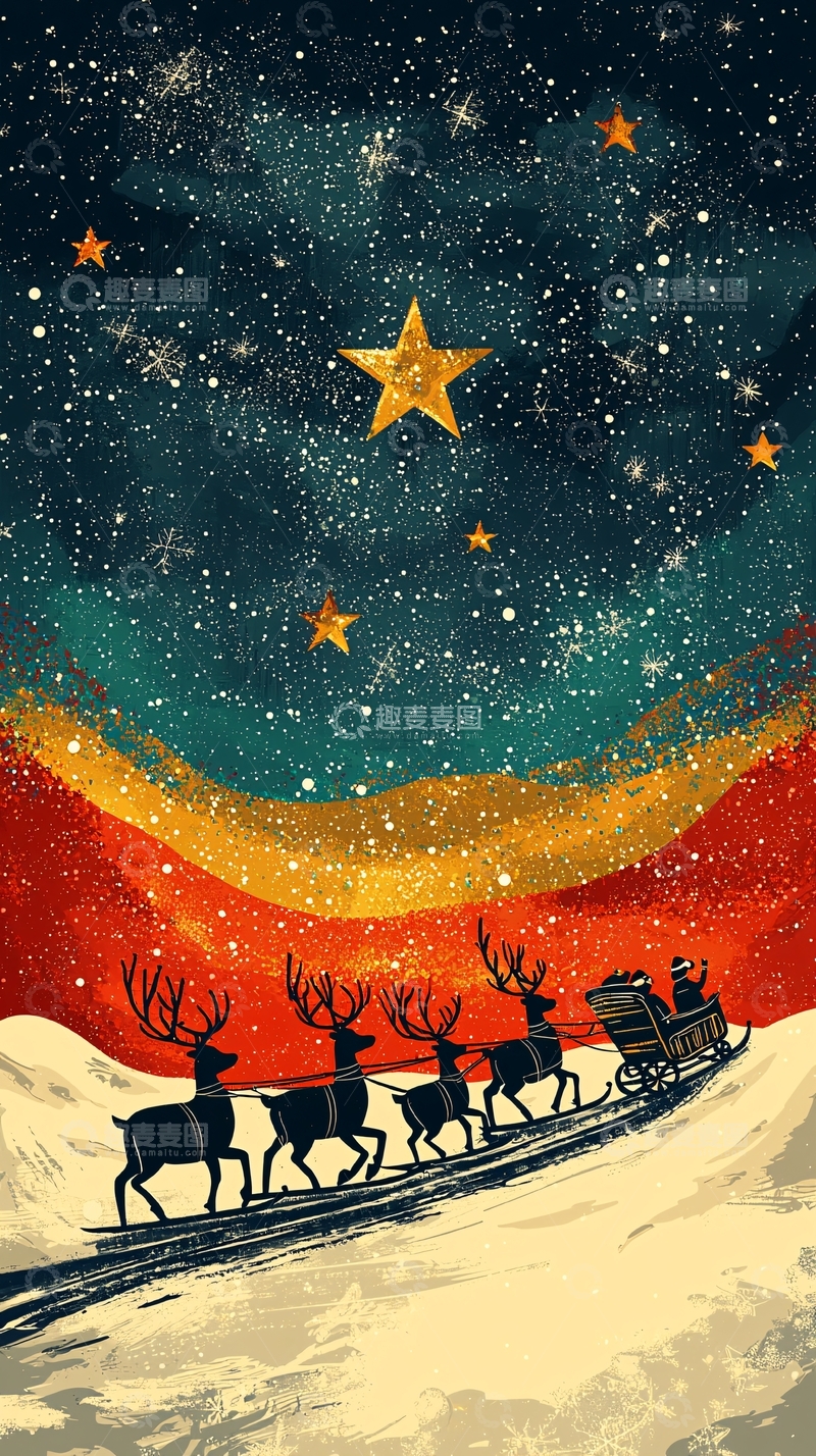 高清大图下载【趣麦麦图】圣诞节星空驯鹿雪橇