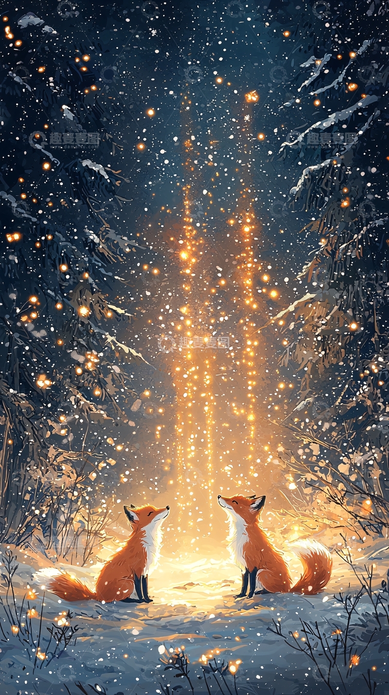 高清大图下载【趣麦麦图】两只狐狸在雪地里仰望星空