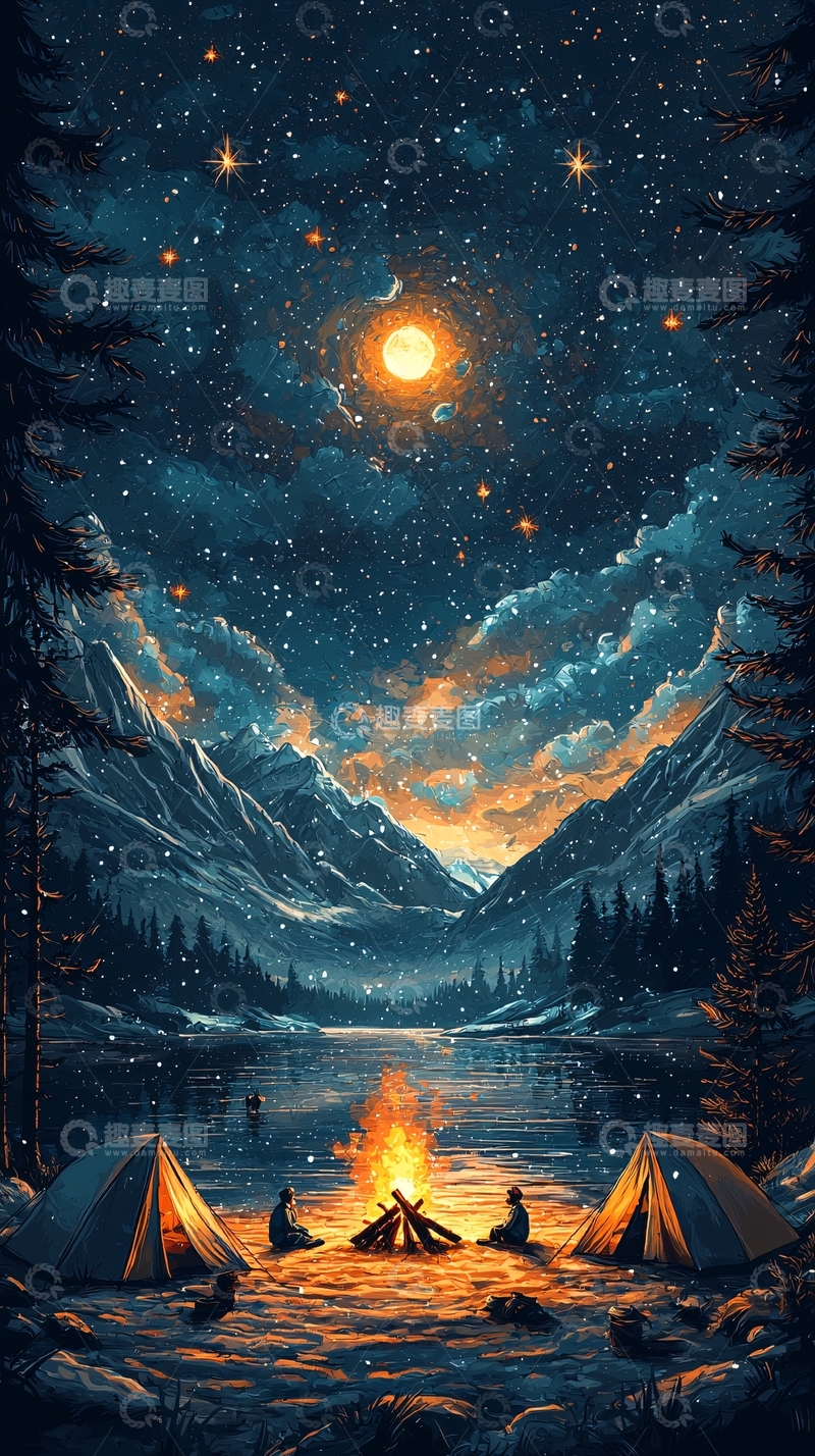 高清大图下载【趣麦麦图】湖边篝火星空下的营地