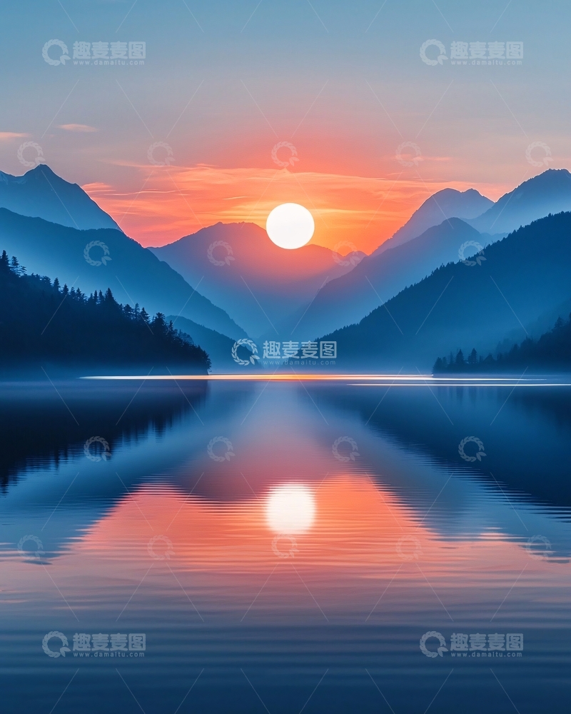 高清大图下载【趣麦麦图】湖面日出山景倒影