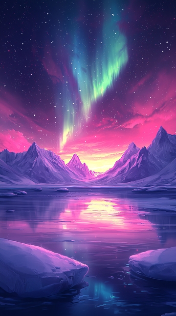 极光下的雪山湖泊