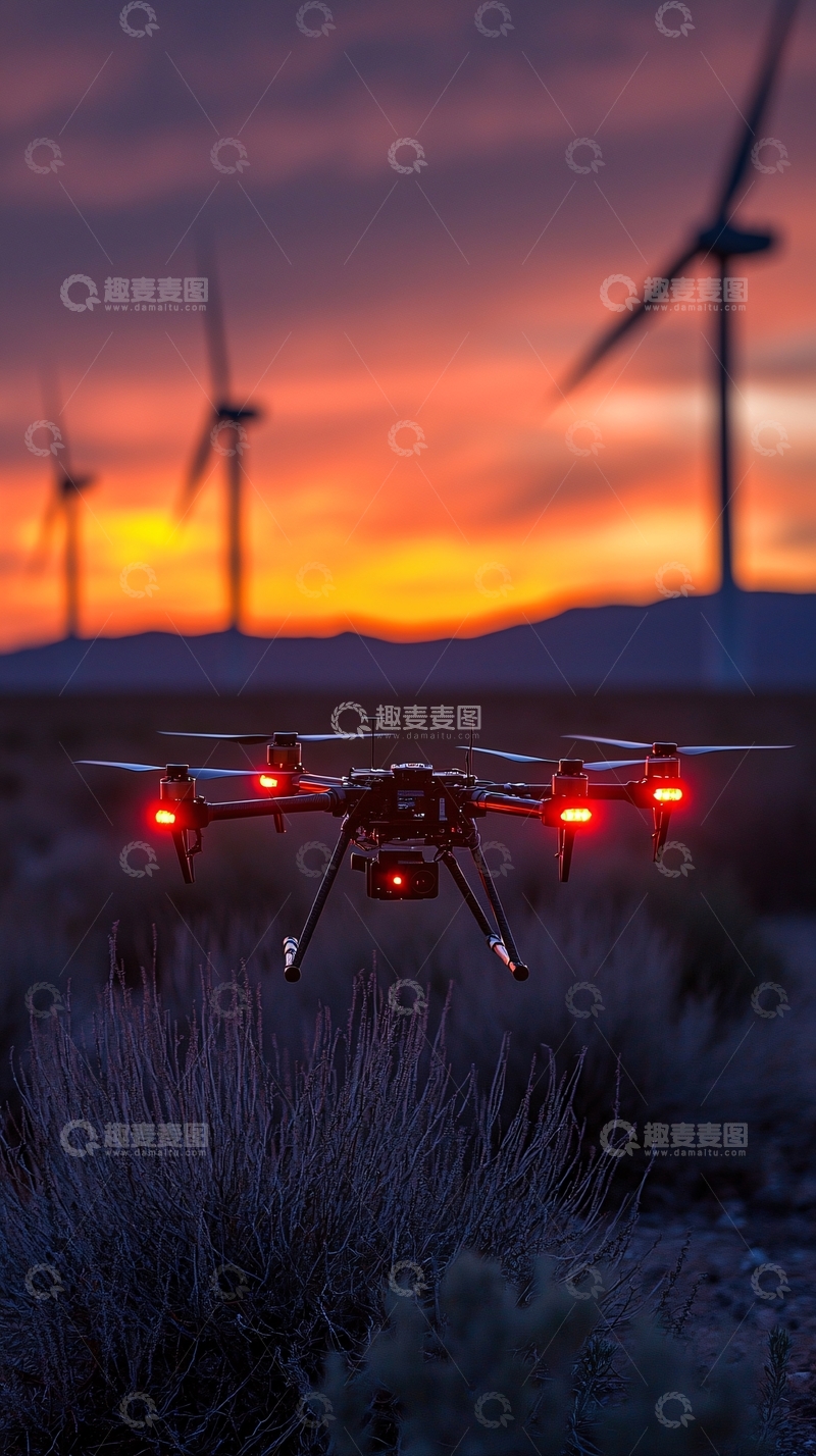 高清大图下载【趣麦麦图】日落风力发电场无人机