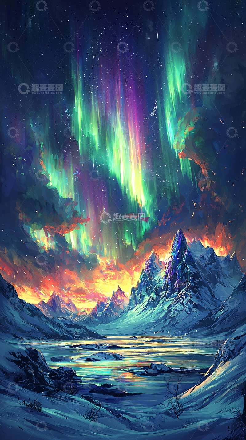 高清大图下载【趣麦麦图】绚丽极光下的雪山夜景