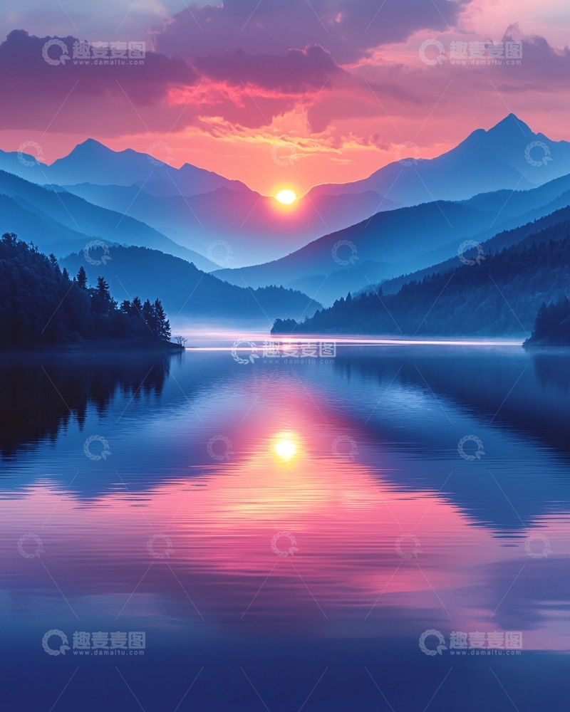 高清大图下载【趣麦麦图】湖面山脉日出