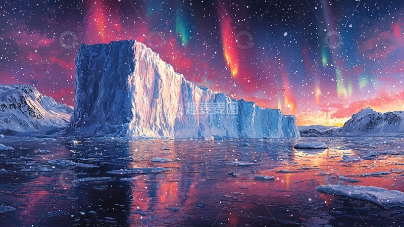 高清大图下载【趣麦麦图】冰山极光星空下的倒影