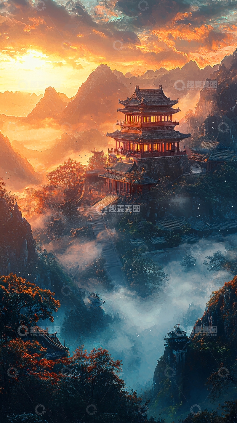 高清大图下载【趣麦麦图】中国风山水间的楼阁夕阳