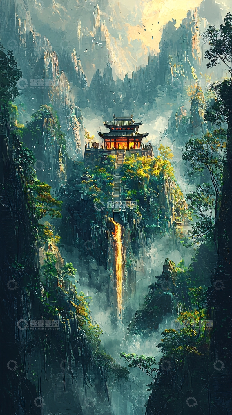 高清大图下载【趣麦麦图】山顶寺庙瀑布仙境