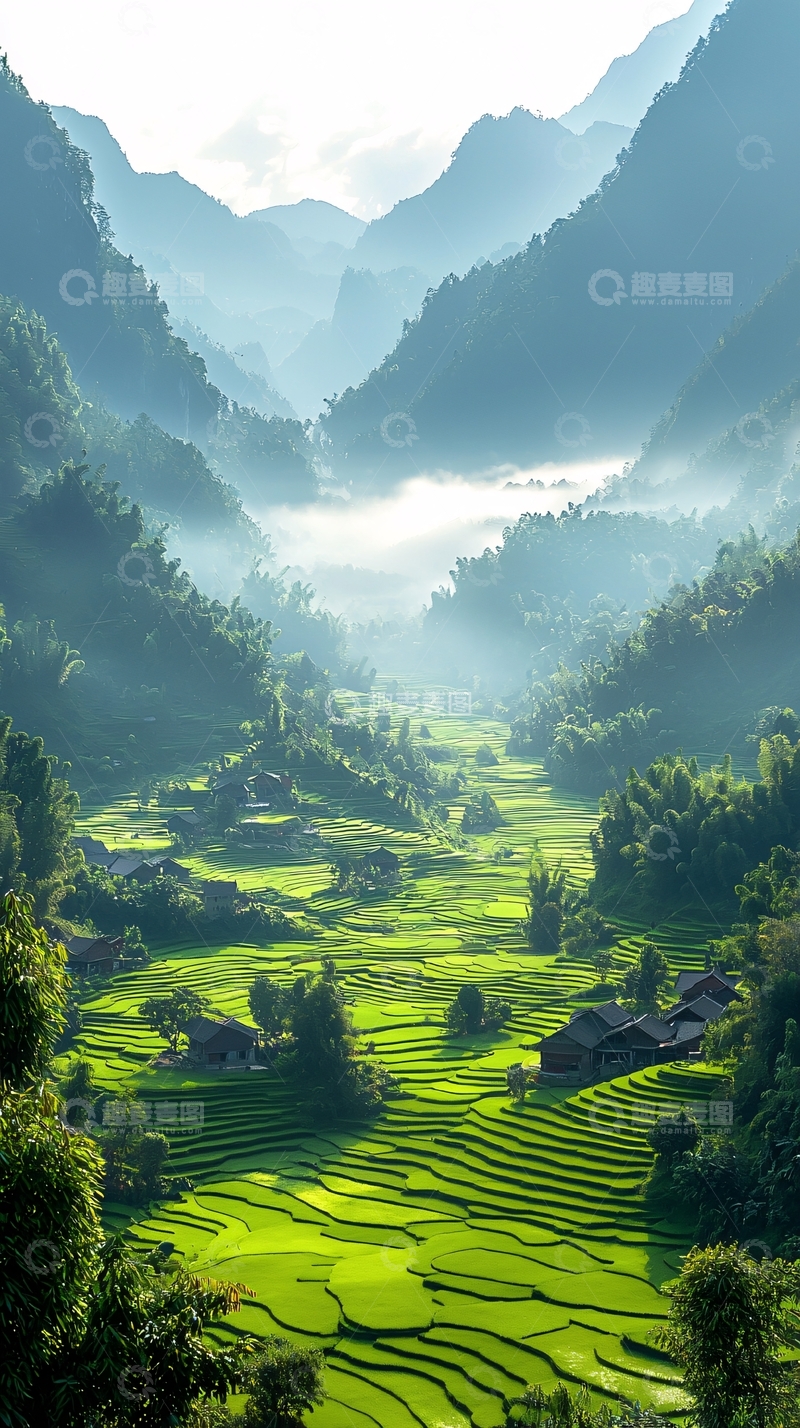 高清大图下载【趣麦麦图】山谷中的绿色梯田