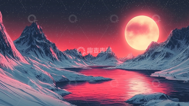 高清大图下载【趣麦麦图】红月映雪山湖泊的静谧夜