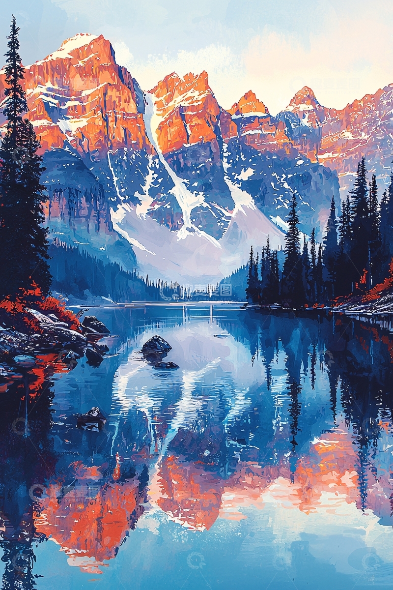 高清大图下载【趣麦麦图】宁静湖面倒映雪山