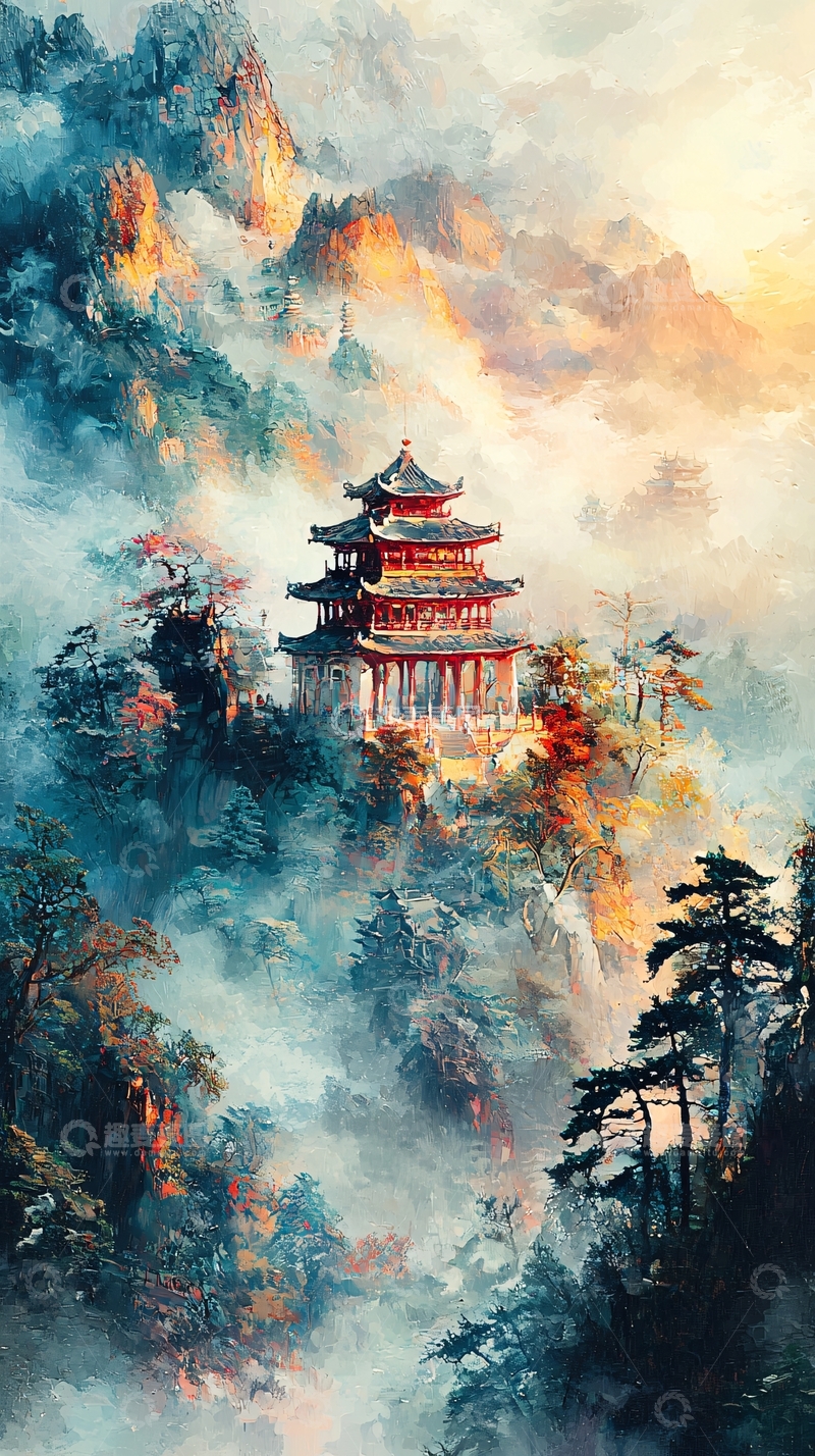 高清大图下载【趣麦麦图】山间古塔晨雾图