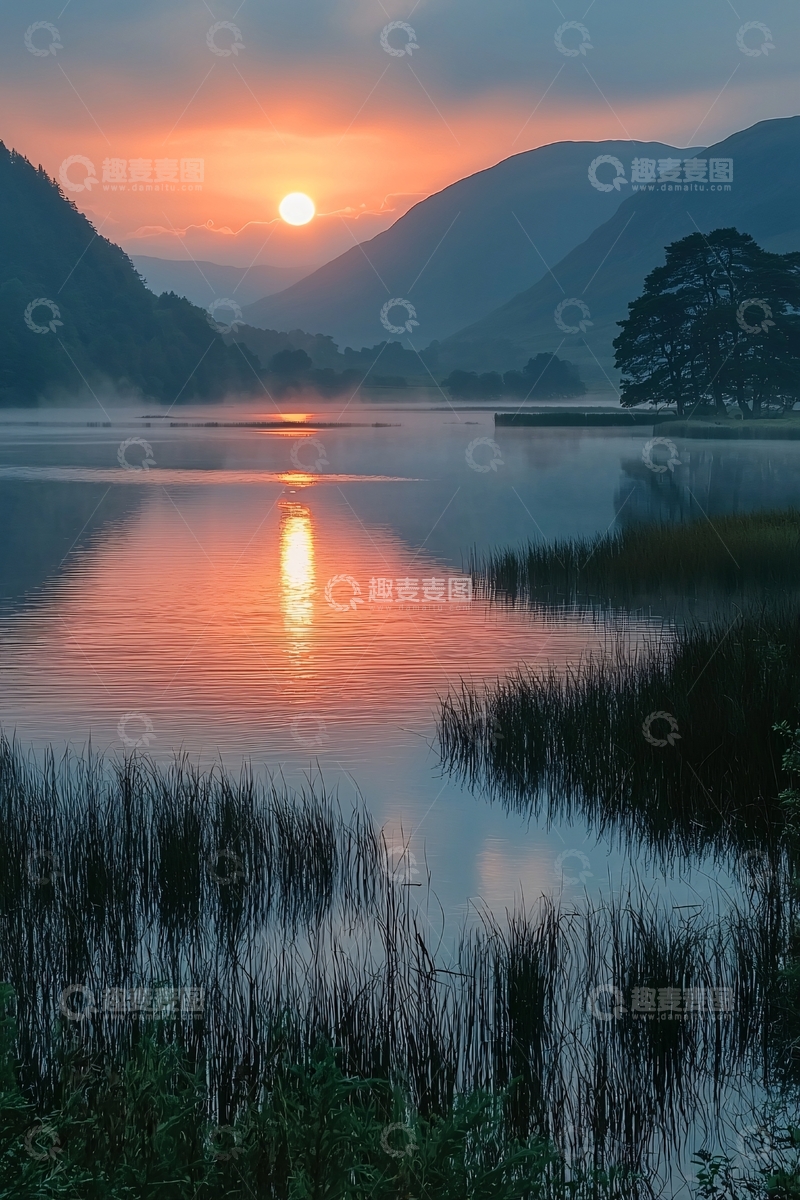 高清大图下载【趣麦麦图】宁静湖面上的日出