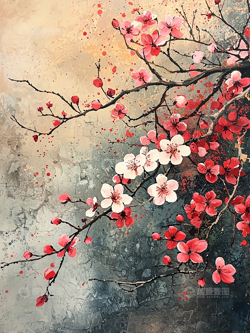 高清大图下载【趣麦麦图】水墨风红色樱花盛开