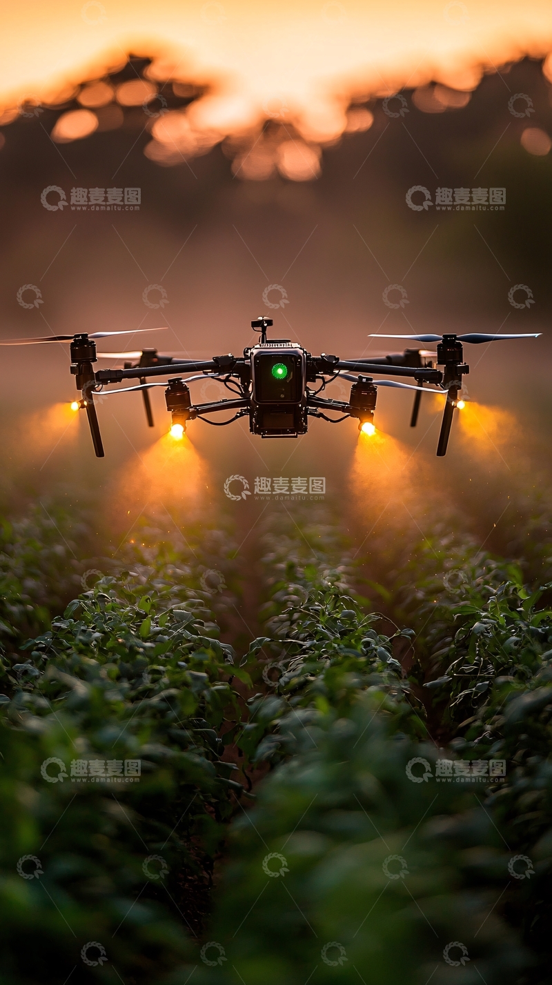 高清大图下载【趣麦麦图】日落时分农田上空无人机作业