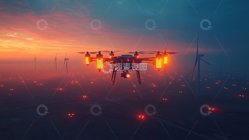 高清大图下载【趣麦麦图】日落时分无人机飞越风力发电场