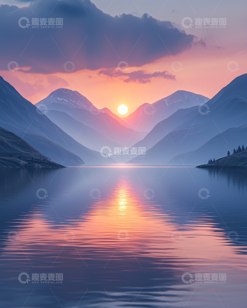 高清大图下载【趣麦麦图】山峦日落湖泊倒影