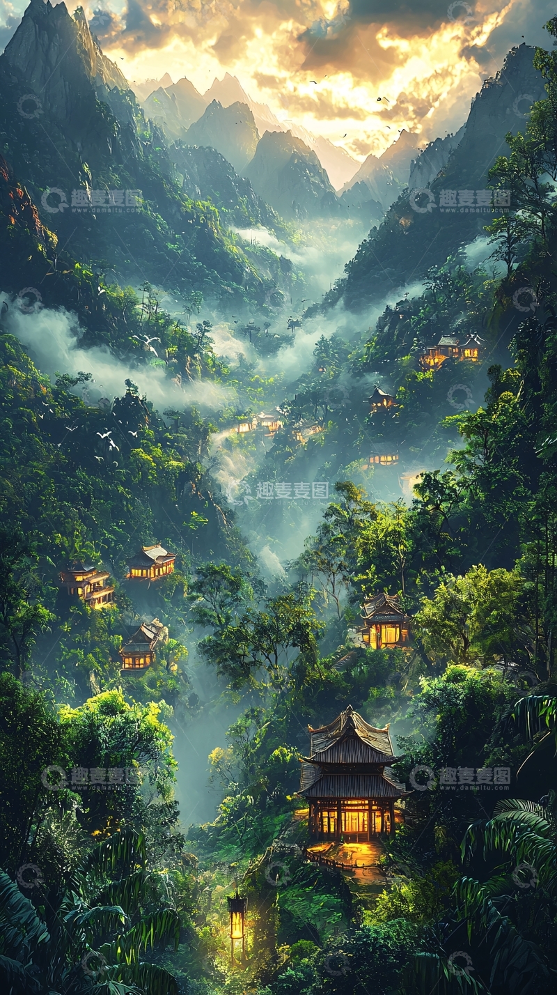 高清大图下载【趣麦麦图】山谷中雾气缭绕的村庄