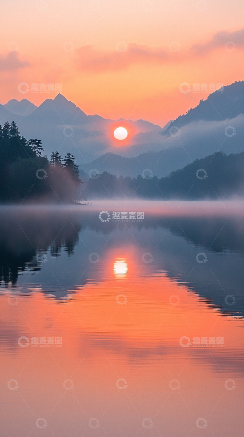 高清大图下载【趣麦麦图】日出湖面山峦倒影