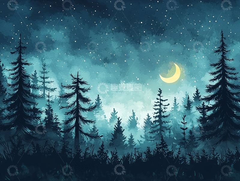 高清大图下载【趣麦麦图】夜空森林月亮