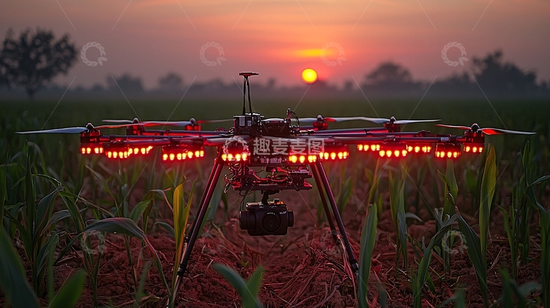 高清大图下载【趣麦麦图】夕阳下田野里的红色无人机