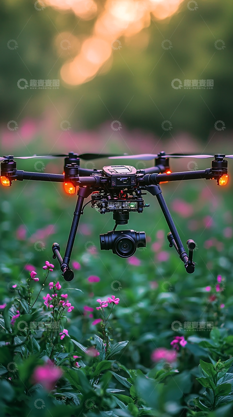 高清大图下载【趣麦麦图】黑色无人机在花丛中飞行