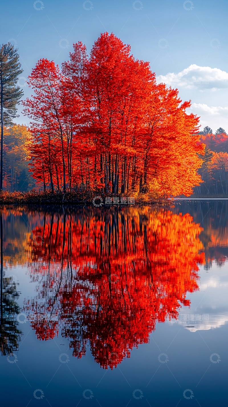高清大图下载【趣麦麦图】秋日湖畔的红树倒影