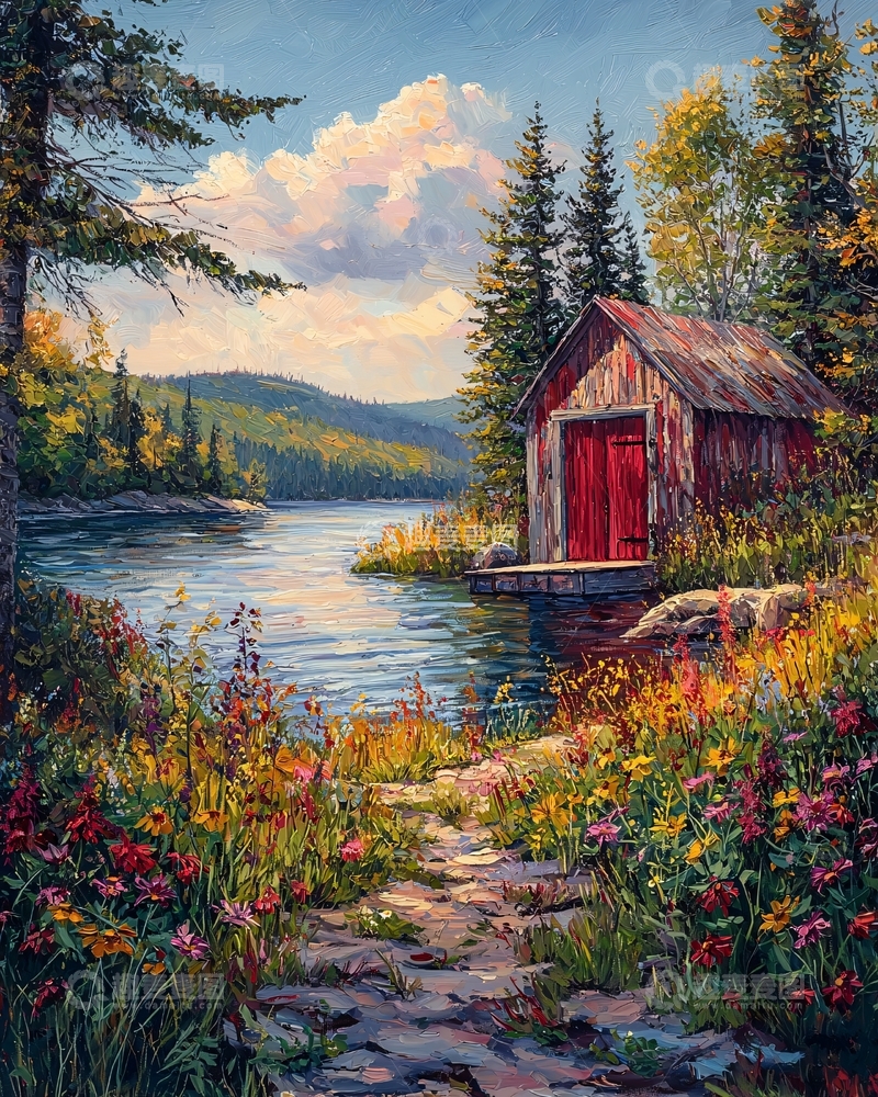 高清大图下载【趣麦麦图】湖边小屋油画风格风景