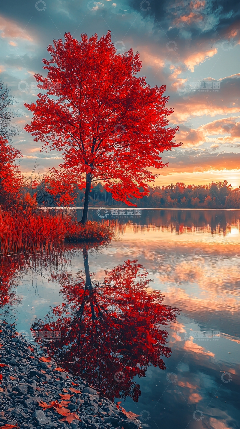 高清大图下载【趣麦麦图】秋日红枫湖边倒影
