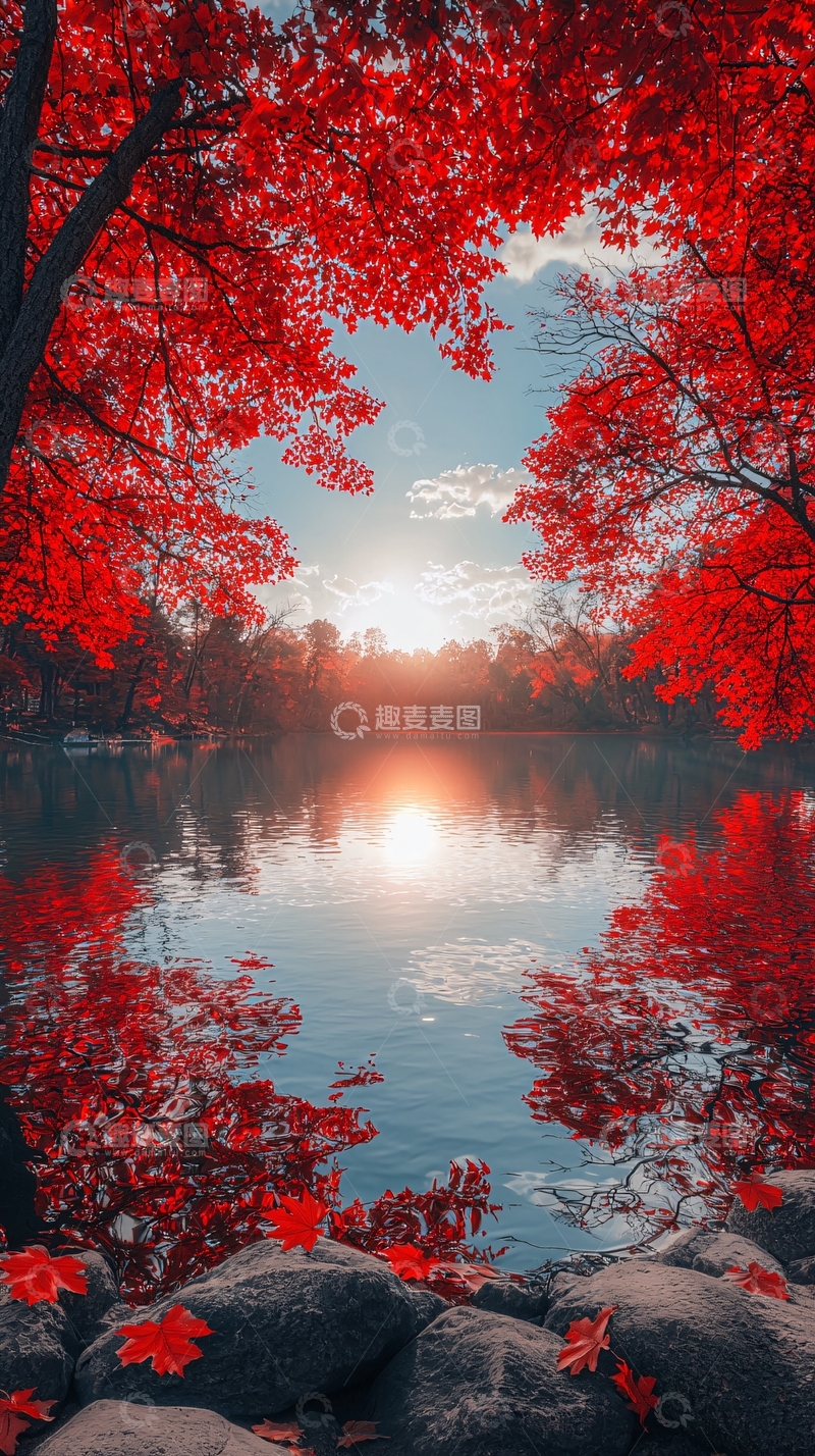 高清大图下载【趣麦麦图】红叶倒影在湖面上的秋景