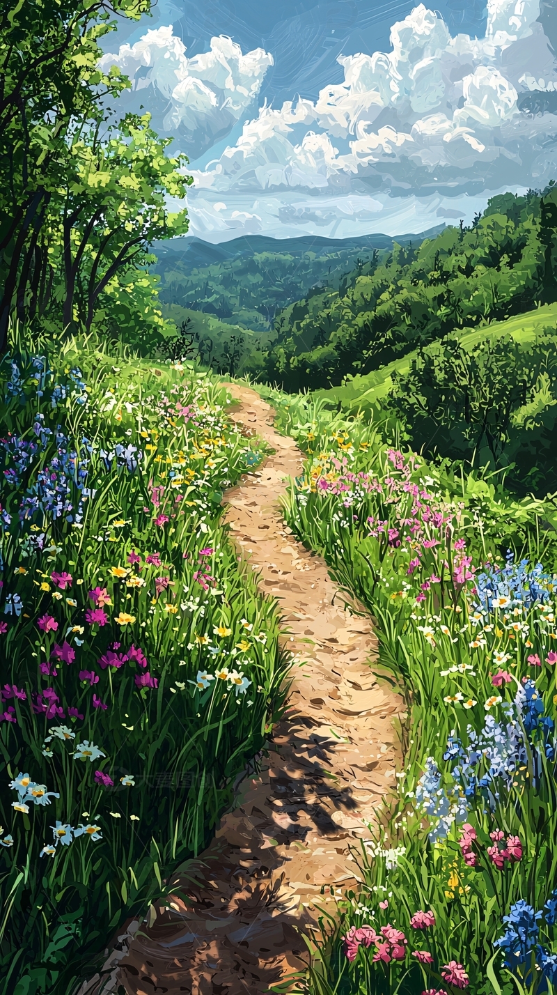 乡间小路鲜花盛开的景象