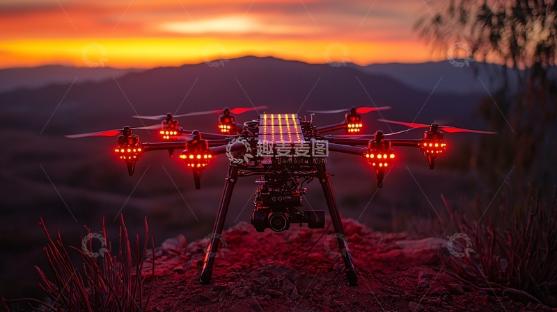 高清大图下载【趣麦麦图】夕阳下红色的无人机