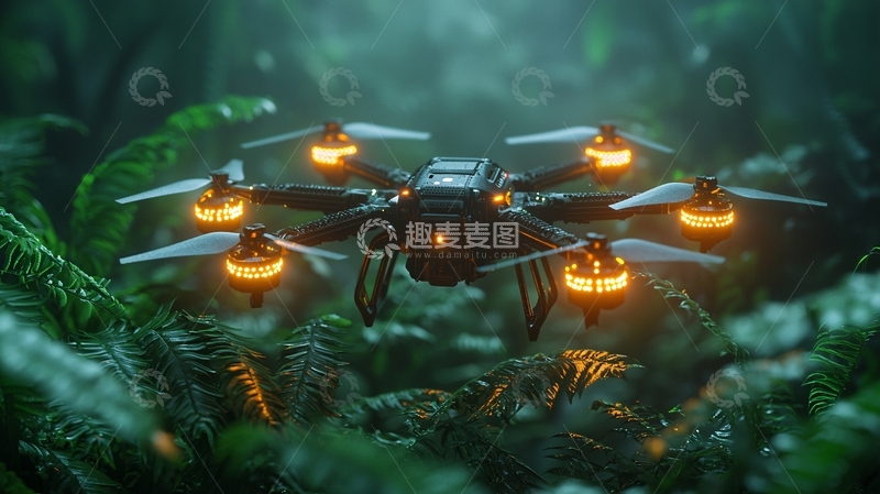 高清大图下载【趣麦麦图】森林中黑色无人机