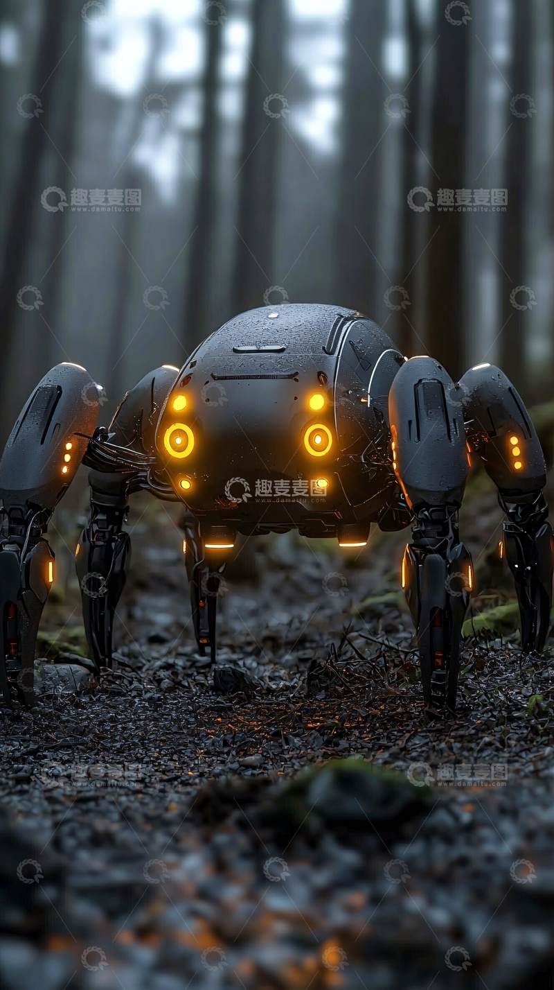 高清大图下载【趣麦麦图】森林中黑色蜘蛛机器人