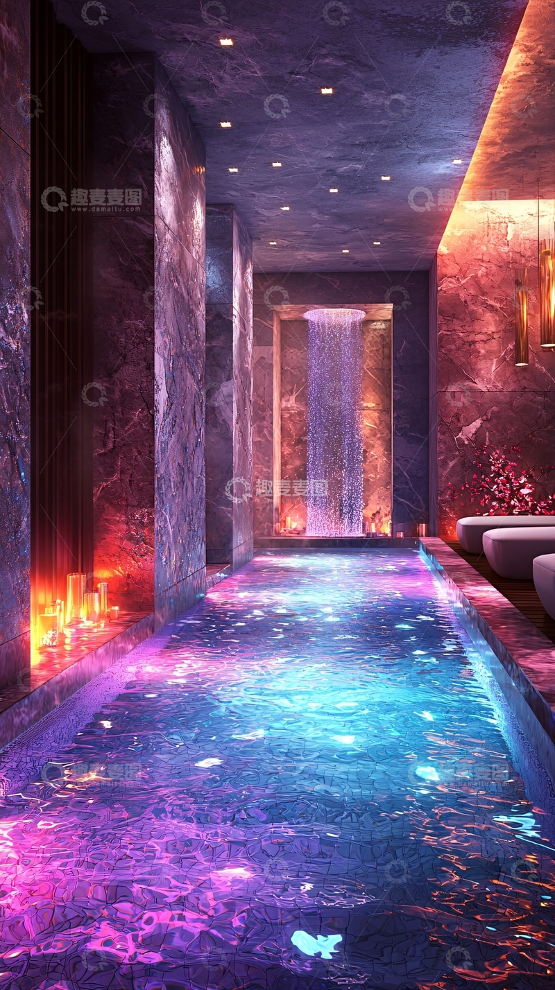 高清大图下载【趣麦麦图】梦幻紫色灯光水疗泳池