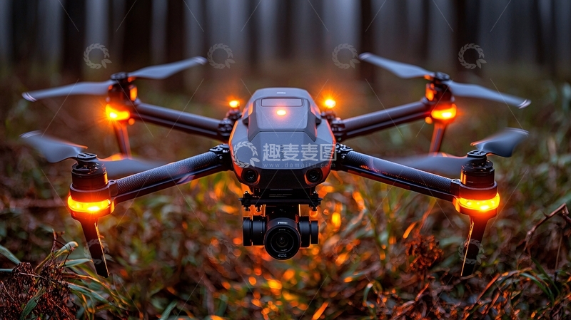 高清大图下载【趣麦麦图】夜间森林中带有灯光的大型无人机