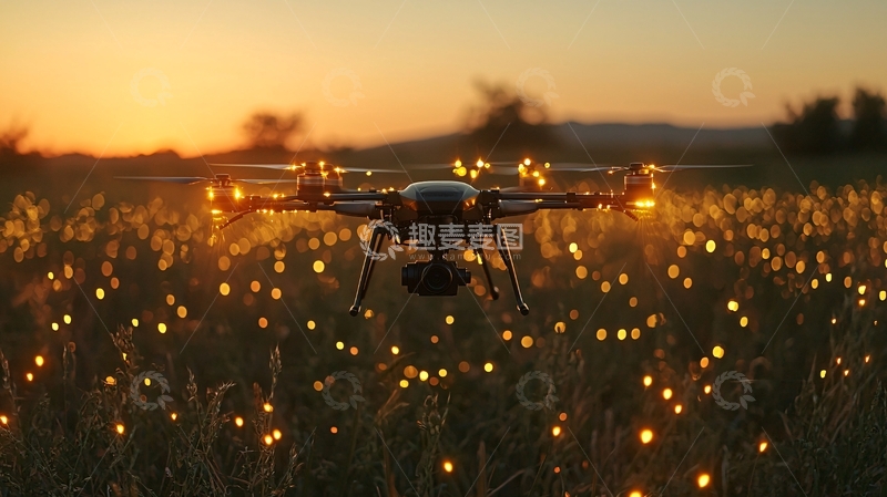 高清大图下载【趣麦麦图】夕阳下无人机飞过麦田