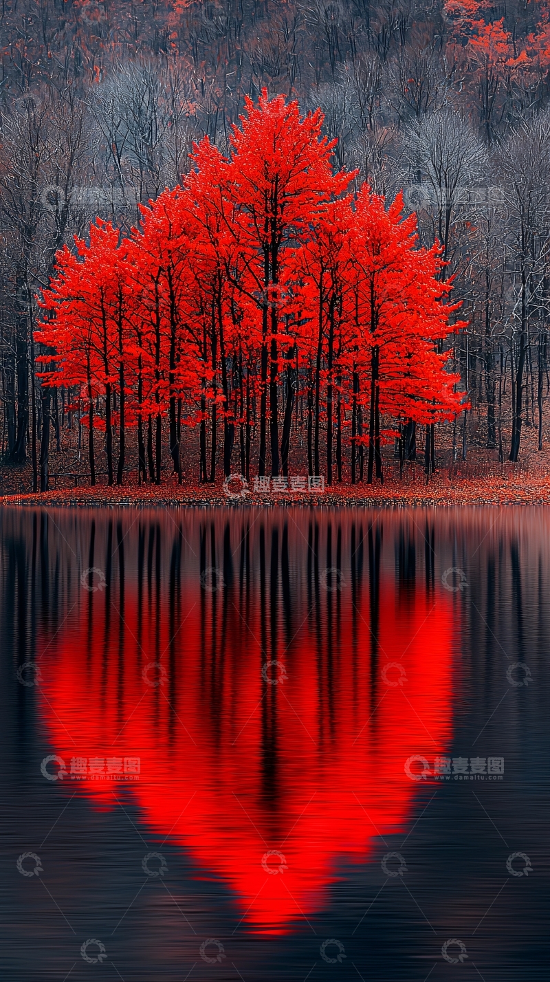 高清大图下载【趣麦麦图】红色树木的湖面倒影