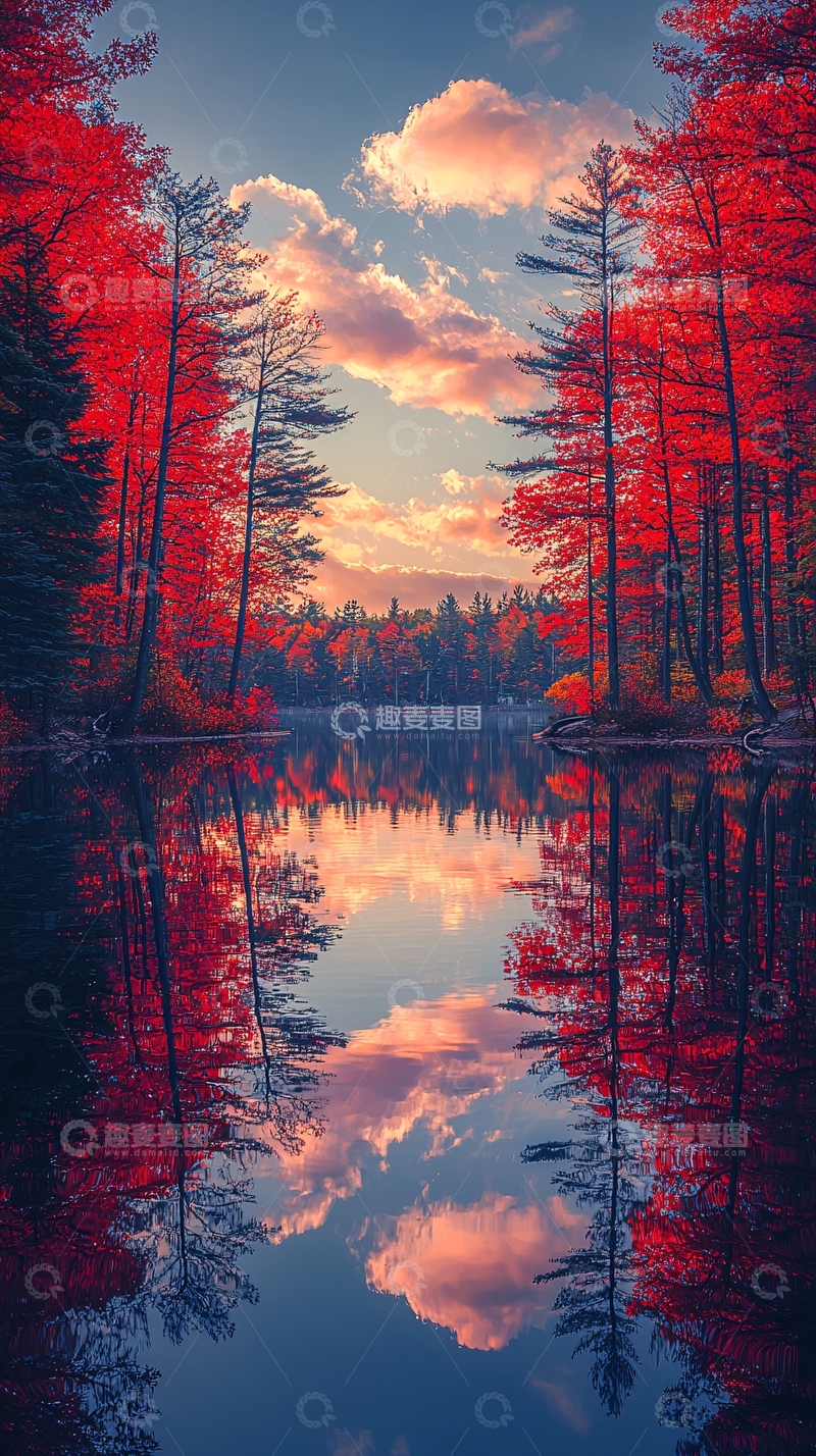 高清大图下载【趣麦麦图】秋季红叶倒影静谧湖面