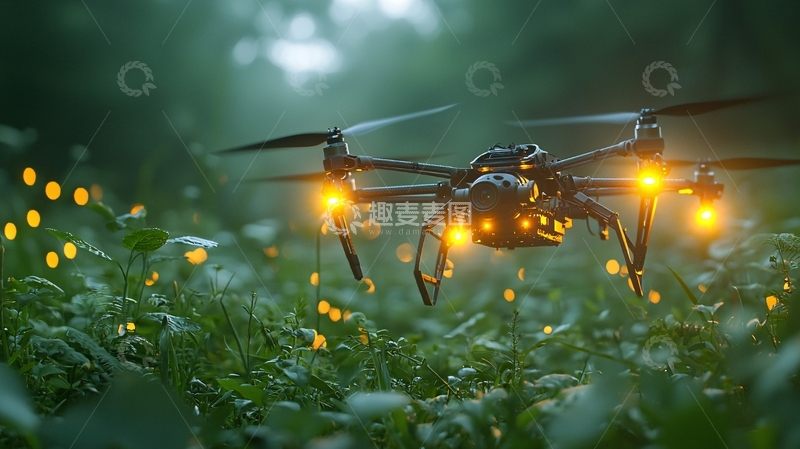 高清大图下载【趣麦麦图】夜间无人机飞过萤火虫草地