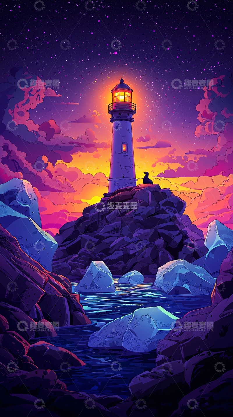 高清大图下载【趣麦麦图】夜晚灯塔