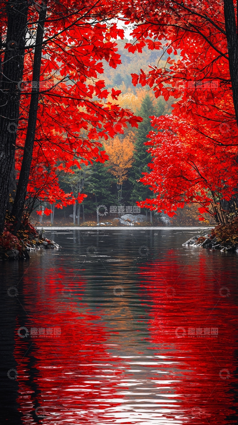 高清大图下载【趣麦麦图】红叶倒映湖面森林