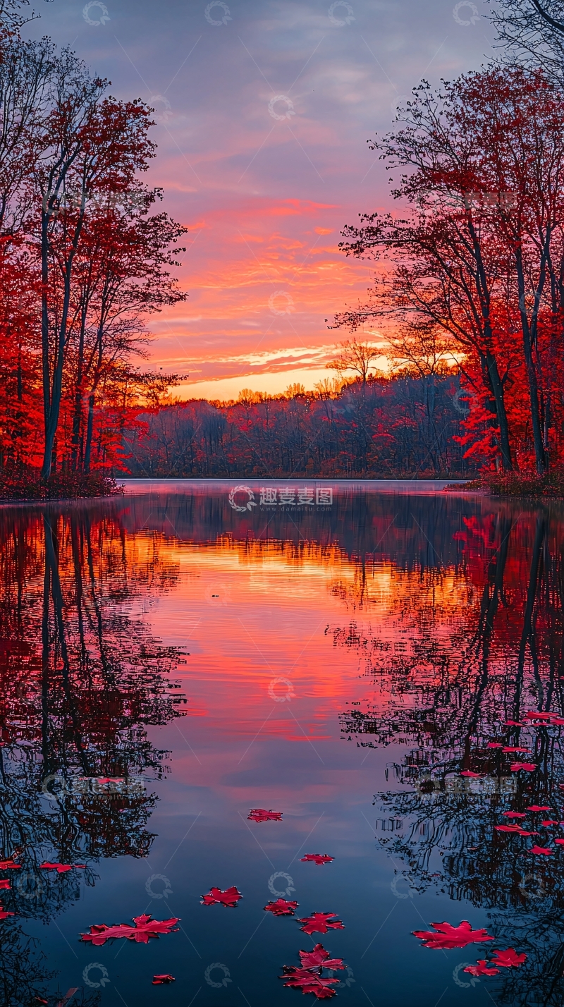 高清大图下载【趣麦麦图】秋日湖畔的绚烂晚霞