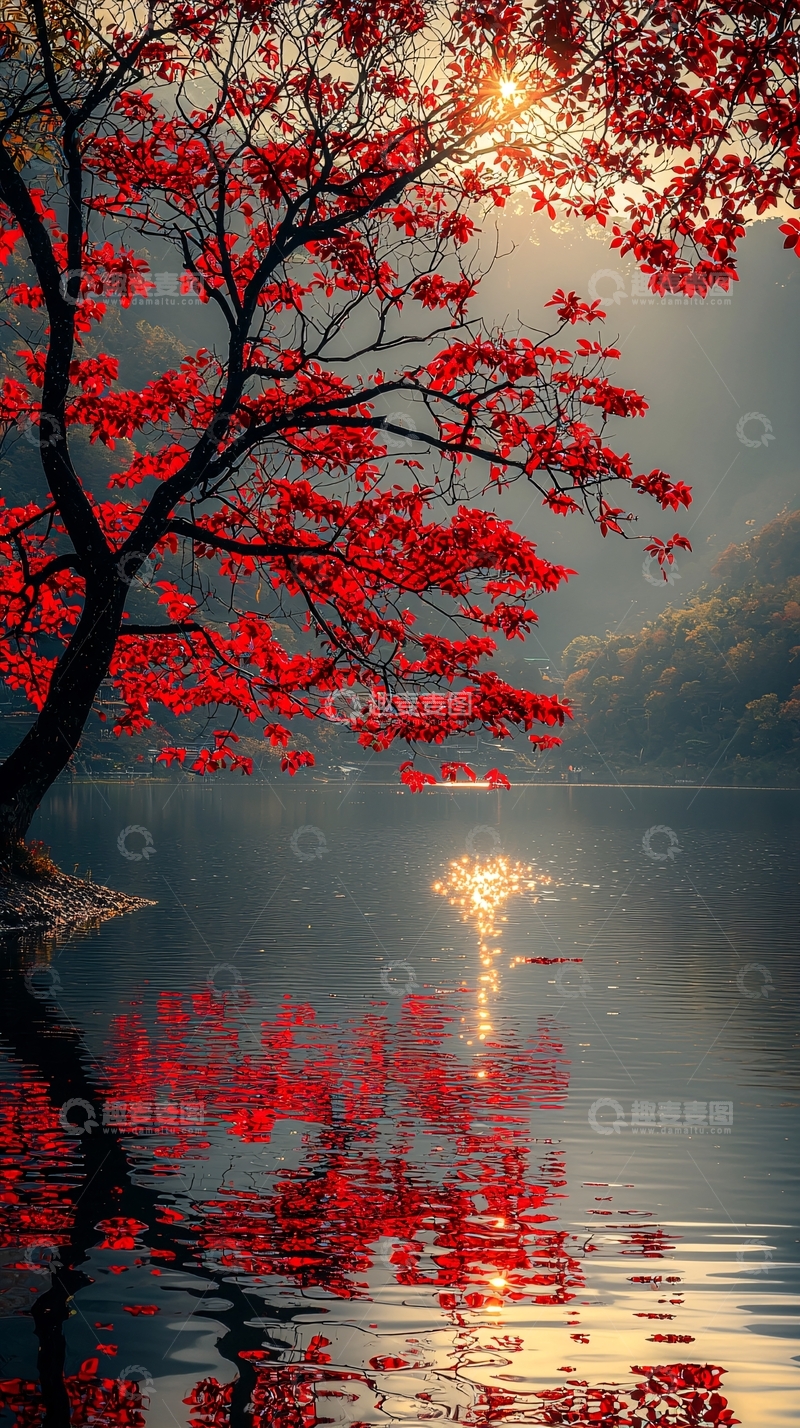 高清大图下载【趣麦麦图】红叶倒映湖中