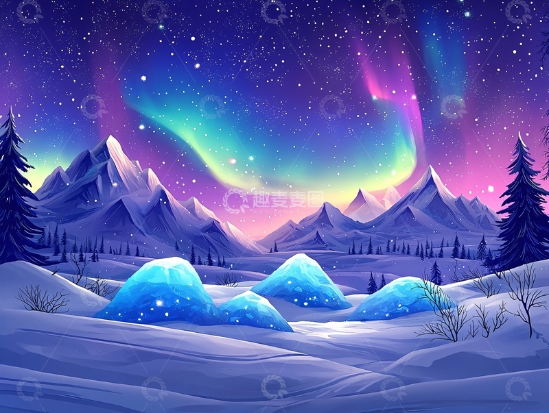 高清大图下载【趣麦麦图】极光下的雪山风景