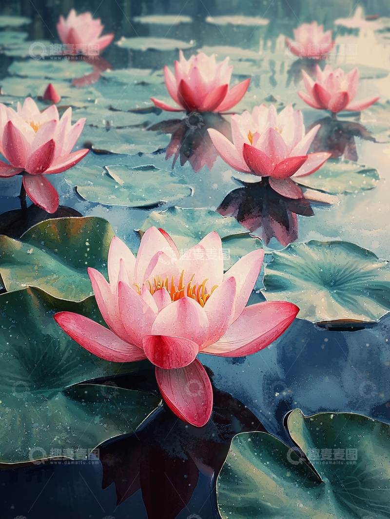 高清大图下载【趣麦麦图】粉色睡莲池塘美景